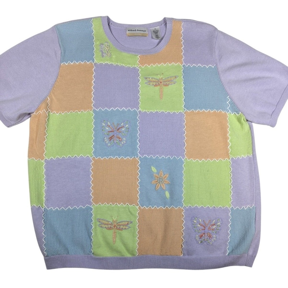 Vintage Sweater Short Sleeve 1X Patchwork Embroidered Butterfly Dragonfly Flower